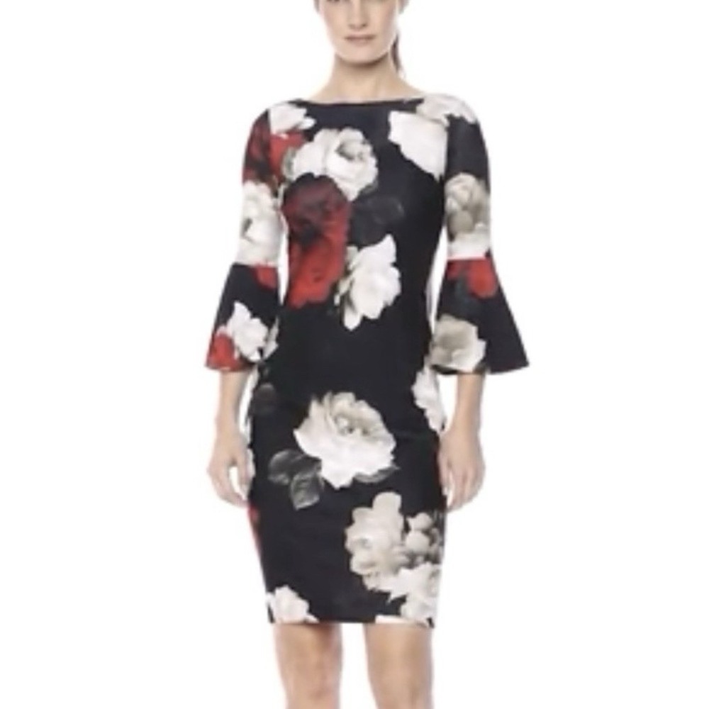 Calvin Klein Floral Bell SleeveStretch Crepe Sheath Dress Office Wedding Size 10